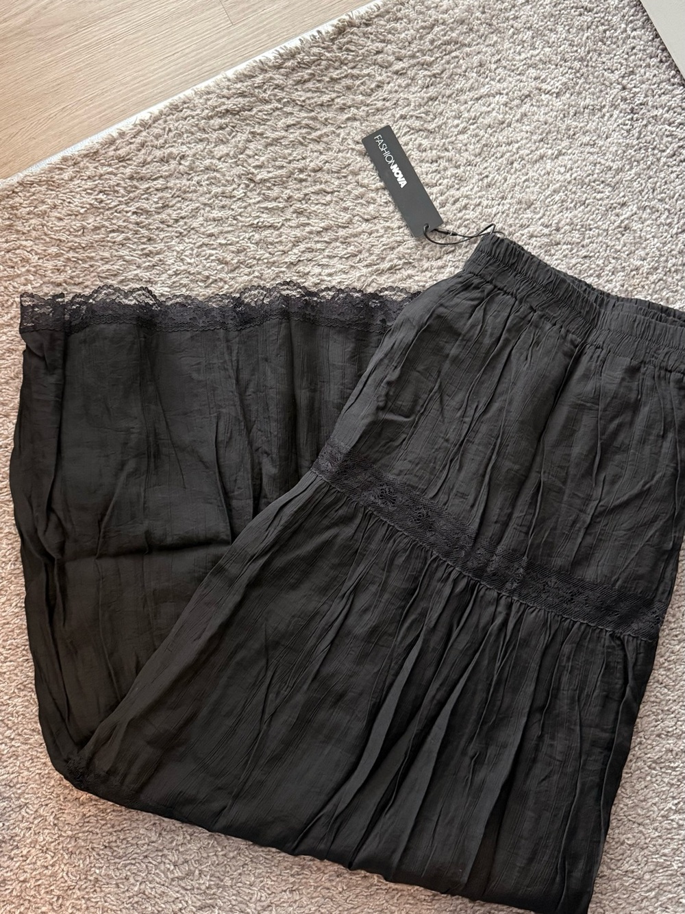 Women’s Black Tiered Maxi Skirt with Lace Trim